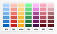 the color chart for different shades of red, orange, purple and green