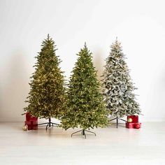 three small christmas trees with presents in front of them on a white floor next to a wall