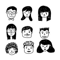 black and white hand drawn people faces