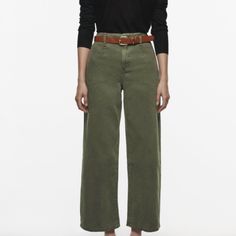 Nwt Zara Pants Sz 0 Brand New W Tags Attached Wide Leg Cropped Style Dark Olive Army Green High Rise Belt Loops Flattering Fit Belt Not Included New W Tags Beige Linen Pants, High Waisted Trouser Pants, Printed Flare Pants, Culotte Pants, Style Dark, Jean Pants, Flowy Pants, Elastic Waist Pants, Floral Pants