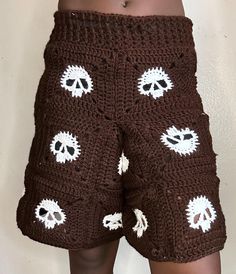 Crochet Shorts with Skull incorporated Granny Square design Elastic Waistband and Minimal Mesh Crochet Skull Granny Square Pants, Granny Square Crochet Shorts, Masculine Crochet, Crochet Granny Square Shorts, Guy Shorts, Shorts Pattern Free, Yarn Creations, Square Pants, Crochet Pants