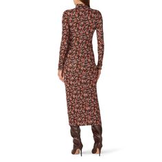 Red printed metallic crepe (95% Viscose, 5% Spandex). Sheath. Long sleeves. Turtleneck. Fully lined. 42" from shoulder to hemline. Imported. Fall Floral Print Midi Dress For Night Out, Fitted Floral Print Elastane Dresses, Fitted Floral Print Fall Dress, Stretch Floral Print Midi Dress For Date Night, Stretch Midi Dress With Floral Print For Date Night, Fitted Sheath Midi Dress For Fall, Fall Night Out Midi Dress In Elastane, Fitted Floral Print Midi Dress For Work, Printed Stretch Dresses For Fall