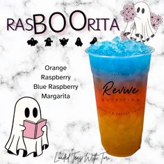 an orange, raspberry blue raspberry margarita next to a ghost reading a book