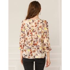 The elegant floral pattern adds dramatic styling to the semi-sheer 3/4 sleeve blouse. Full of romantic charm, this lightweight blouse is accented with a ruffle sleeve and a tie v-neck. An elegant tie-neck and half sleeves with elastic cuffs enhance the casual softy grace of the floral blouse in a loose H silhouette. Wear it with open-toe sandals and casual pants for an effortlessly feminine look. Floral Bow Tie, Women's Blouses, Open Toe Sandals, Feminine Look, Tie Neck, Blouse Styles, Floral Blouse, Printed Blouse, Half Sleeves