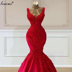 Red Wedding Dress Mermaid, Mermaid Flowers, Dress With 3d Flowers, Satin Mermaid Dress, Bride Reception Dresses, Spaghetti Straps Dress, Beaded Wedding Gowns, Red Wedding Dress, Wedding Dresses Mermaid