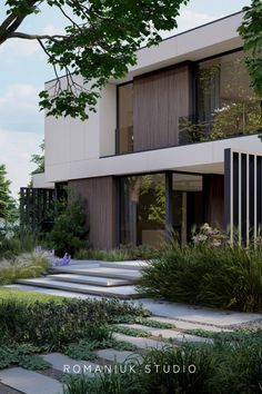 an artist's rendering of a modern house with steps leading up to the front door