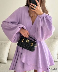 Lasaky - Elegant Waist-Defining Monochrome Short Dress with Stylish Design Lilac Dresses, Chiffon Ruffle Dress, Women Cotton Dress, Lantern Sleeve Dress, Purple Mini Dresses, Cotton Dress Summer, Sleeves Dress, Long Sleeve Short Dress, Chiffon Ruffle