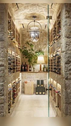 an image of a wine cellar with many bottles on the shelves and chandelier hanging from the ceiling