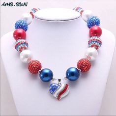 Beautiful New Little Girls’ Flower Bubblegum Necklace With American Flag Colors And A Heart Pendant. Perfect To Fancy Your Little Princess :) Playful White Heart-shaped Necklace, Adjustable Heart Beads Necklace For Birthday, White Heart Beads Necklace For Birthday, Cute White Heart-shaped Beaded Necklace, Beaded Heart Necklace, Patriotic Jewelry, Baby Necklace, Chunky Bead Necklaces, Bubblegum Necklace