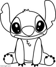 a cartoon character with big eyes sitting down and looking at the camera, outlined in black and white