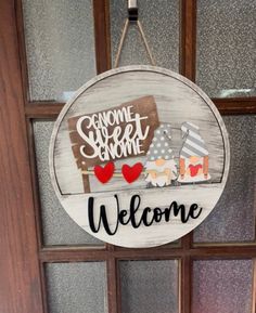 Gnome Sweet Gnome | February | Valentine’s Day Gnome Door Hangers, Gnome Sweet Gnome Sign, Gnome Crafts, Gnome Sweet Gnome, Gnome Door, February Valentines, Pocket Door, Gnomes Crafts, The Giver