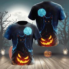 Halloween Gift Halloween Black Cat And Pumpkin Shirts These shirts are custom-made-to-order and handcrafted to the highest quality standards. Each shirt is constructed from a premium polyester blend that is ultra-soft and incredibly comfortable. Features a specialty high definition heat-dye application that ensures long lasting color vibrancy even after machine washing. Fabric is durable and resistant to wrinkles, shrinking and mildew. Each shirt is custom printed, cut and sewn just for you when Spooky Black T-shirt With Cat Print, Halloween Black Crew Neck Sublimation Design, Black Crew Neck Sublimation Design For Halloween, Halloween Black T-shirt With Cat Design, Black Halloween T-shirt With Cat Design, Spooky Black T-shirt With Cat Design, Black Cat And Pumpkin, Cat And Pumpkin, Halloween Black Cat