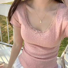 Lace Trim Floral Short Sleeve Tee Pink Coquette Shirts, Cute Fitted Tops, Cute Pink V-neck Top, Girly Shirts, Feminine Cotton Short Sleeve T-shirt, Sweet Pink Summer Tops, Cute V-neck T-shirt For Spring, Sweet Pink Summer Top, Pink Stretch Feminine Tops