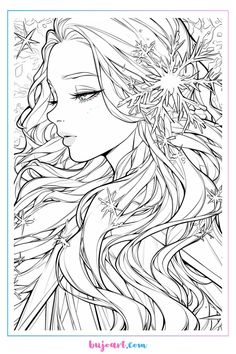 a drawing of a girl with long hair and flowers in her hair, looking to the side