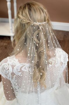 the back of a bride's veil with pearls on it