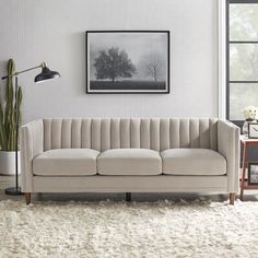 a living room with a couch, table and potted plant on the floor in front of a window