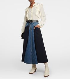 Denim And Wool Gabardine Midi Skirt in Multicoloured - Chloe | Mytheresa Box Trim, Midi Skirts Style, Chloe Clothing, Trim Fabric, Denim Details, Upcycle Clothes, Leather Ankle Boots, Skirt Fashion, Cotton Material