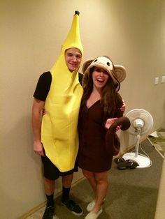 two people dressed up as bananas and one is wearing a banana costume while the other wears a hat