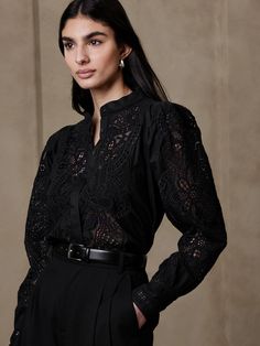 Mariana Lace Blouse | Banana Republic Lace Blouse Outfit, Black Lace Top Outfit, Lace Blouse Black, Katun Bordir, Lace Blouse Long Sleeve, Professional Headshots, Black Floral Blouse, Black Lace Blouse, Black Lace Tops