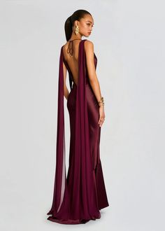 76% Acetate, 24% Polyester Made in China Model is 5'10" wearing size S Style No. FW24-10120 Modern Evening Dress, Winter Formal Gown, Maroon Gown Classy, Plum Formal Dress Long, Boat Neck Dress Formal, Black Tie Guest Dress, Vintage Bridesmaids Dresses, Night Wedding Dress Guest, Hot Prom Dresses Long