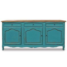 an old blue sideboard with wooden top