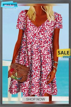 Floral Casual Short Sleeve Tunic Dress Casual Floral Tunic For Beach Cover-up, Red Floral Print Tunic Dress, V-neck Floral Print Tunic For Beach Cover-up, Floral Print V-neck Tunic For Beach Cover-up, Floral Print V-neck Summer Tunic, Casual Short Sleeve Dress, Tunic Dress, Women's Fashion Dresses, Casual Shorts