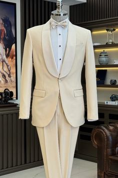 Allaboutchic also accepts custom measurement. So if you want the suit with your own size, please contact us. Color: Beige Button: Single Breasted Occasion: Prom, Business, Wedding Neckline: Shawl Lapel Material: Polyester & Polyester Blend Pattern: Solid Piece: 2 Piece Pocket: With Flap Beige Tuxedo Men, Beige Tuxedo, Beige Suits Wedding, Lapel Wedding, Men Attire, Classic Suits, Wedding Planning Decor, Beige Suits, Church Suits