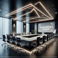 an empty conference room with black chairs and white tables in the center is lit up by led lights