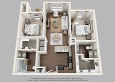 the floor plan for a two bedroom apartment with an attached kitchen, living room and dining area