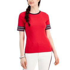 Tommy Hilfiger's Cotton Tee Is Anything But Basic, Courtesy Of Colorful Stripe Details At The Sleeves. Red Fitted Cotton Tops, Red Crew Neck Trendy Tops, Trendy Red Crew Neck Top, Trendy Stretch Red Tops, Trendy Red Stretch Tops, Red Stretch Casual T-shirt, Fitted Red Crew Neck Top, Spring Tommy Hilfiger Stretch Top, Spring Stretch Top By Tommy Hilfiger