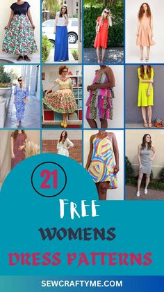 women's dress patterns are featured in this collage with the words, free women's dress patterns