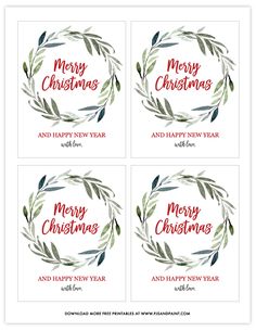 four christmas cards with the words merry and happy new year