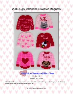 several knitted sweaters with hearts and cats on them, including one for valentine's day