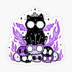 a black cat sitting on top of a pile of skulls with purple flames around it