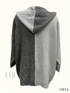 Ebeek - Womens Color Block Open Front Knit Cardigan, Long Sleeve Loose Hooded Sweater Coat for Casual Wear Cozy Gray Hooded Jacket, Oversized Knitted Hooded Outerwear, Casual Winter Hooded Jacket For Layering, Gray Hooded Sweater Coat For Fall, Oversized Hooded Cardigan For Cold Weather, Gray Hooded Cardigan For Spring, Gray Hooded Sweater Coat For Cold Weather, Gray Hoodie For Fall Layering, Casual Gray Hooded Sweater Coat