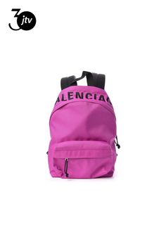 Balenciaga Nylon Wheel Logo Backpack Fuchsia. This stylish backpack is crafted of nylon in fuchsia. The bag features an embroidered black Balenciaga logo across the top, a front zipper pocket, a black canvas top handle, and adjustable padded black shoulder straps. The wrap-around silver zippers open the bag to a black nylon interior with zipper and patch pockets. This lovely backpack is spacious enough for all of your necessities, with the fashion forward appeal of Balenciaga!    Model: 565798 Nylon Standard Backpack With Logo Patch, Functional Nylon Backpack With Logo, Nylon Bag With Embroidered Logo For Everyday Use, Everyday Nylon Bags With Embroidered Logo, Nylon Logo Backpack, Logo Nylon Backpack, School Nylon Bag With Logo, School Nylon Bags With Logo, Nylon Backpack With Logo For Everyday Use