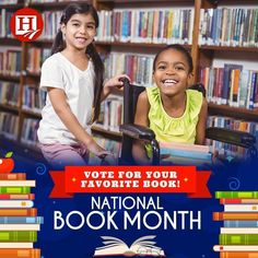 the national book month poster for children with bookshelves in the background and two girls smiling