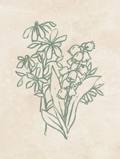 a drawing of some flowers on a white wall with green inking in the middle