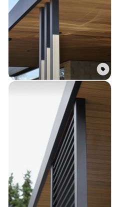 two pictures of the outside of a building with wood sidings and metal slats