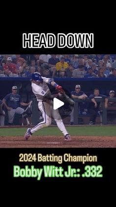 a baseball player swinging a bat at a ball in front of a crowd and the caption reads head down 2012 batting champion bobby witt jr 382