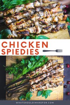 grilled chicken on skewers and garnished with fresh herbs, next to the recipe title