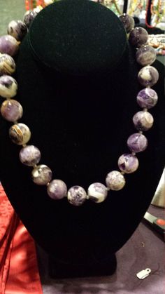 "Large beaded, penny size, amythyst necklace. Smooth polished stones, with lots of color variations. Necklace is 18\" long. This wonderful piece looks great with any outfit." Purple Faceted Bead Necklaces, Purple Faceted Round Bead Necklaces, Purple Faceted Beads Round Beaded Necklace, Handmade Round Amethyst Beaded Necklaces, Purple Beaded Necklace With Faceted Beads, Purple Round Beaded Necklace With Faceted Beads, Purple Gemstone Beaded Necklaces, Creative Necklace, Black Onyx Necklace