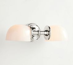 two light bathroom fixture with frosted glass shades on the sides and chrome finish fixtures