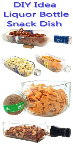 an assortment of snacks in glass containers with the words diy idea liquor bottle snack dish