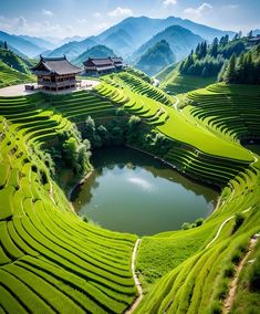 the landscape is made up of green grass and has a lake in front of it