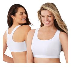 Experience fabulous coverage and light support with our Wireless Sport Bra 2-Pack, perfect for plus-size women. Designed for low-impact activities like walking and yoga. Pullover design with wide straps and high racerback. Double-layered front provides extra lift and support where you need it most. Stretch fit allows for easy movement without sacrificing comfort. Comes in a convenient 2-pack for added value. Comfy and breathable cotton/spandex blend suitable for everyday wear. Hand wash for last Cotton Seamless Sports Bra For Workout, Sporty Full Coverage White Sports Bra, Sporty White Full Coverage Sports Bra, White Seamless Sports Bra With Wide Straps, Sporty Cotton Sports Bra With Built-in Bra, Supportive Full Coverage White Sports Bra, White Full Coverage Sports Bra For Gym, Supportive White Full Coverage Sports Bra, White Full Coverage Sports Bra For Workout