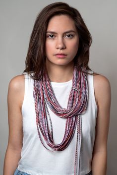 Unisex multi-strand red and blue Infinity Scarf. Hand crafted loops of hand-printed cotton jersey. Length approx. 31 inches. This comes with a drawstring gift bag. Our pieces are made to order. Turnaround time 2-3 days. U.S. Patent No. 8,321,963 Blueberry Necklace, Unique Mens Necklace, Red Scarf Winter, Winter Scarf Fashion, Burning Men, Mens Scarf, Necklace Scarf, Winter Necklace, Jersey Scarf