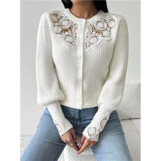 -Item Id 40750057 -Details: Contrast Lace, Rib-Knit, Button Front -Neckline: Round Neck -Sleeve Type: Bishop Sleeve -Style: Casual -Hem Shaped: Regular -Color: White -Pattern Type: Colorblock, Plain, Plants -Sleeve Length: Long Sleeve -Length: Regular -Temperature: Spring/Fall (18-25/63-77) -Fit Type: Slim Fit -Fabric: Slight Stretch -Material: Knitwear -Composition: 52% Acrylic, 28% Polyamide, 20% Polyester -Care Instructions: Hand Wash Or Professional Dry Clean -Sheer: Semi-Sheer **Open To Offers!!!** **Bundle To Save More** **30% Off Bundles Of 2 Or More Items!!** ***Orders Go Out Within 5-10 Business Days!! Thank You For Your Patience!! Multiple Sizes And Colors Available I Trendy Spring Sweater With Button Cuffs, Chic Button-up Cardigan In Pointelle Knit, Chic Button-up Pointelle Knit Cardigan, Chic Button-up Cardigan With Pointelle Knit, Fitted Button-up Knitted Cardigan, White Spring Sweater With Button Cuffs, White Cardigan With Buttons For Spring, White Buttoned Cardigan For Spring, Chic Knit Cardigan With Buttons