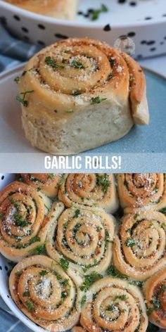 garlic rolls on a plate with the words garlic rolls in front of it and an image of