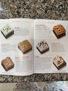 an open book showing different types of desserts